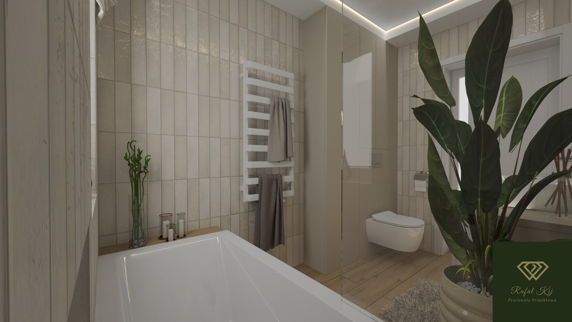 Wizualizacja łazienki z beżowymi płytkami, grzejnikiem drabinkowym, wiszącą toaletą i rośliną doniczkową. Drewnopodobna podłoga i szklana kabina prysznicowa.