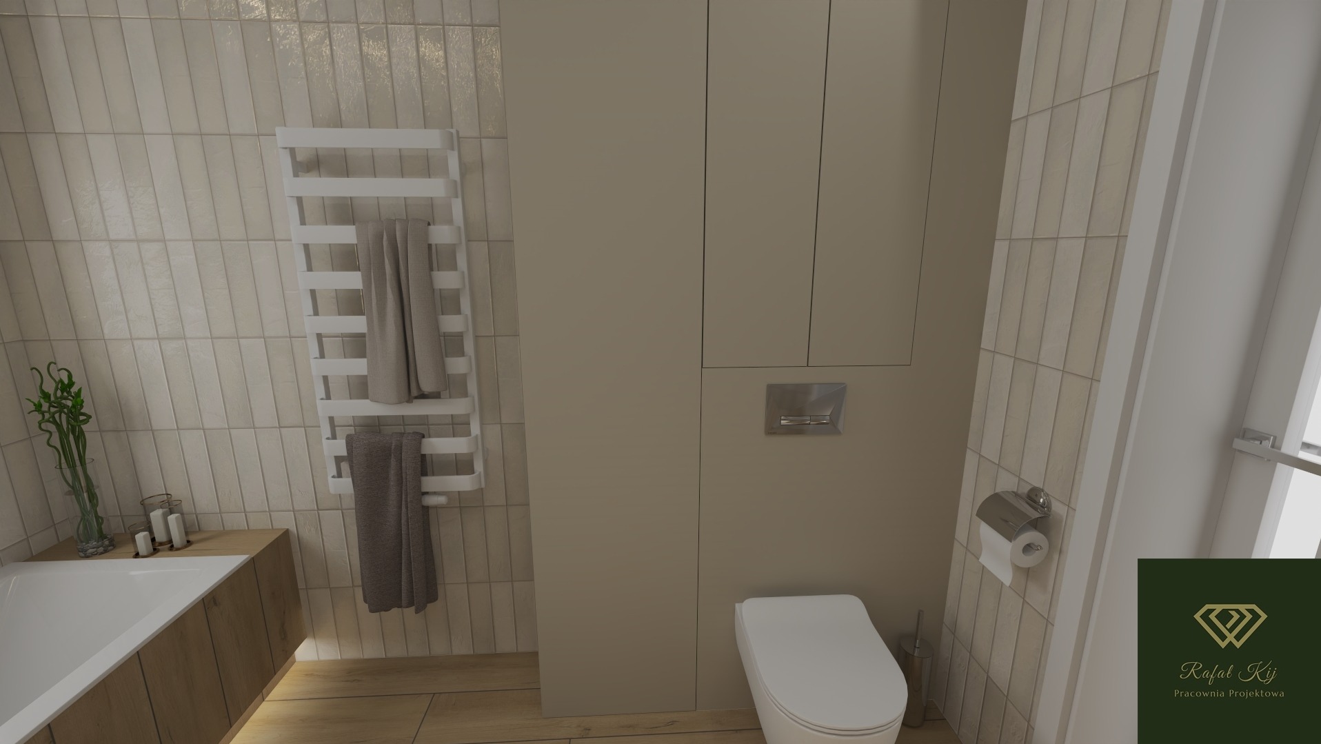 Projekt łazienki w beżowej tonacji: wisząca toaleta, grzejnik drabinkowy z ręcznikami, drewniana podłoga i szafka nad toaletą. Minimalistyczny design z roślinnym akcentem.