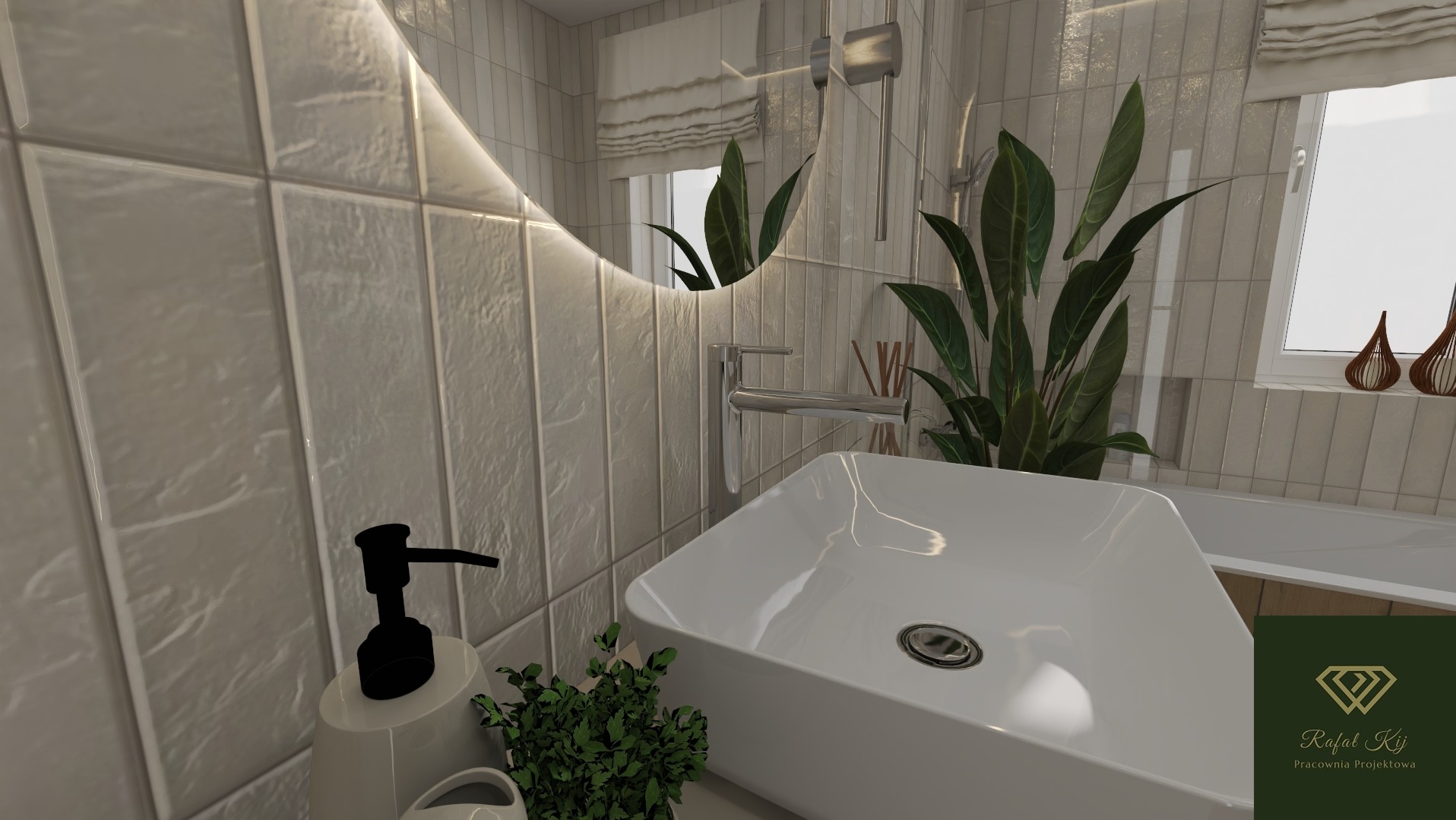 Nowoczesna łazienka z umywalką nablatową, podświetlanym lustrem i roślinami. Beżowe płytki imitujące kamień tworzą spójną całość z armaturą.