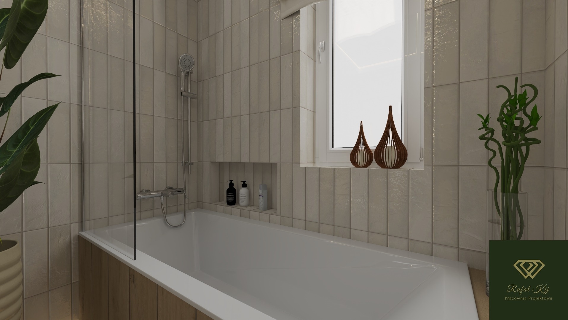 Jasna łazienka z wanną, beżowe płytki imitujące cegłę, dekoracje okienne i rośliny. Minimalistyczny design z akcentami natury i subtelnym oświetleniem.