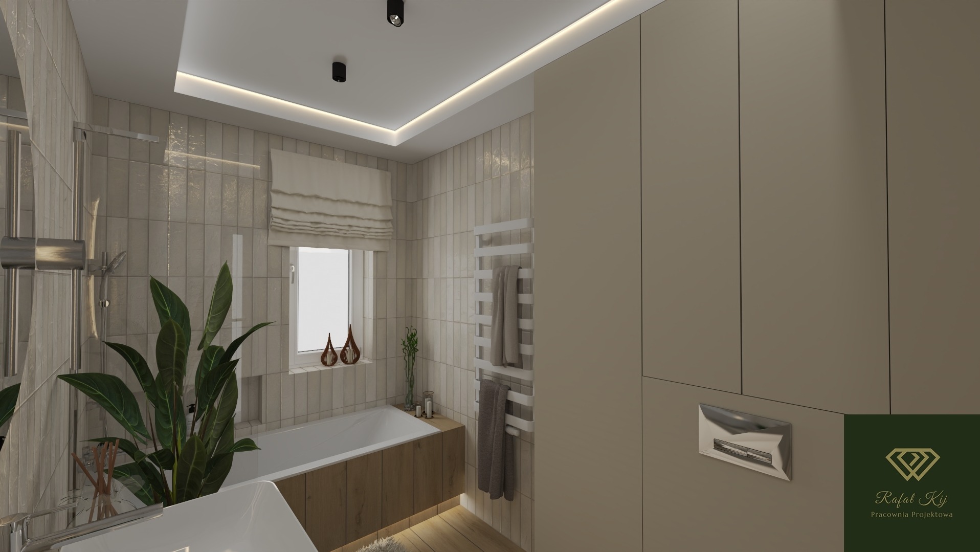 Beżowa łazienka z wanną, grzejnikiem drabinkowym i roślinami. Minimalistyczny styl, oświetlenie LED. Projekt łazienki z elementami drewna i neutralną kolorystyką.