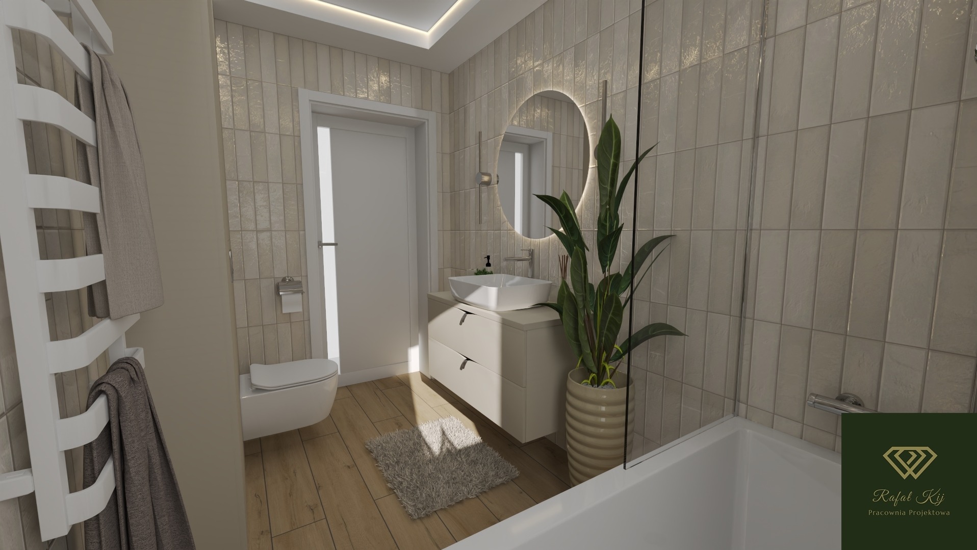 Jasna łazienka z drewnianą podłogą, beżowymi płytkami i okrągłym lustrem z podświetleniem. Minimalistyczna umywalka i toaleta. Roślina w doniczce dodaje naturalnego akcentu.