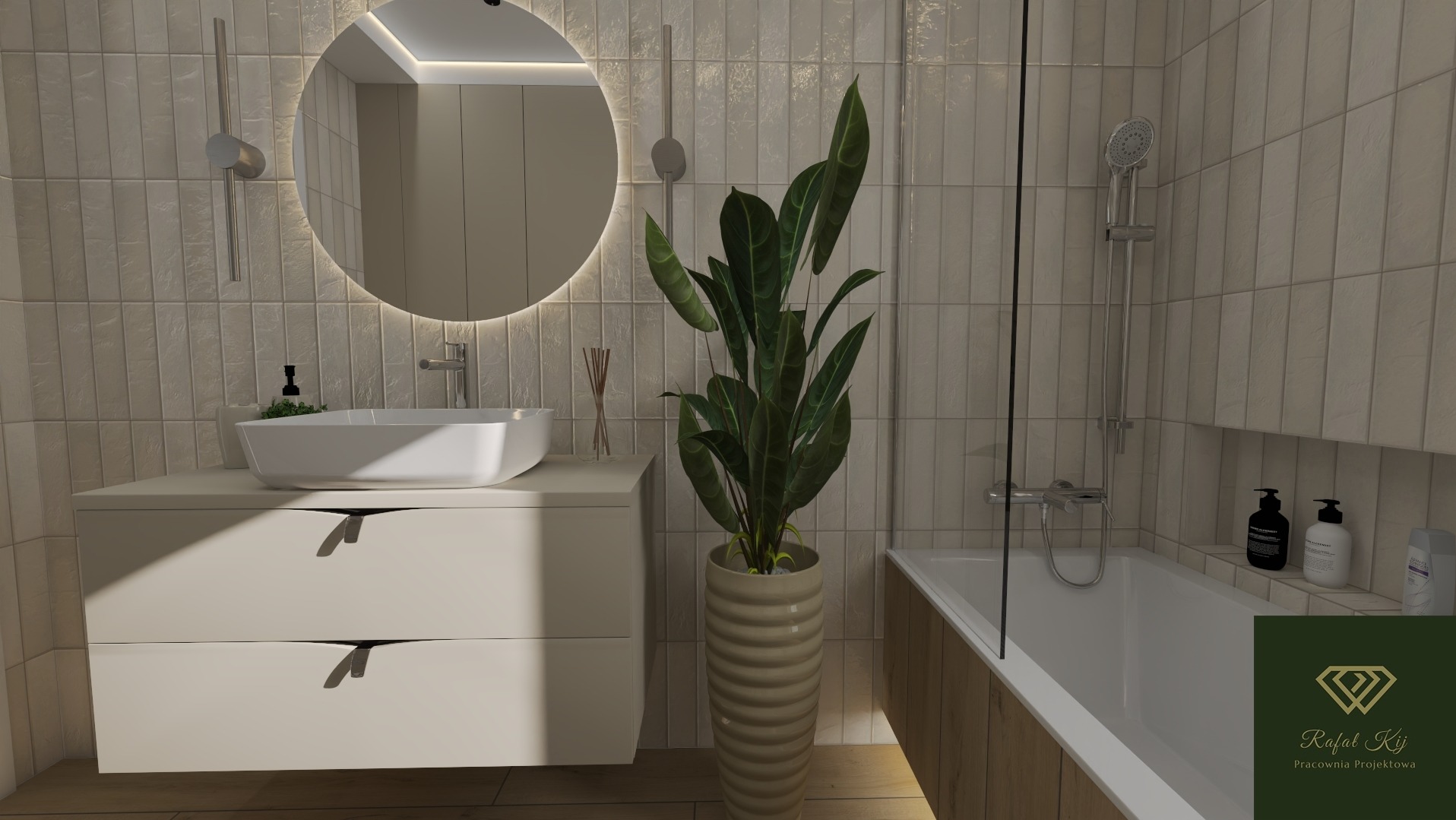 Nowoczesna łazienka z okrągłym lustrem podświetlanym LED, białą umywalką nablatową i rośliną w beżowej donicy. Minimalistyczny design, pionowe płytki na ścianach.