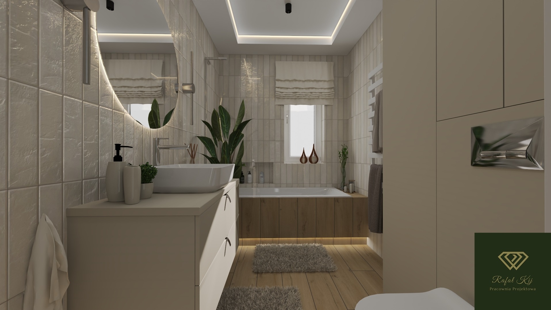 Wizualizacja łazienki w beżowej tonacji z drewnianymi akcentami. Okrągłe lustro z podświetleniem, biała umywalka nablatowa, płytki imitujące kamień.