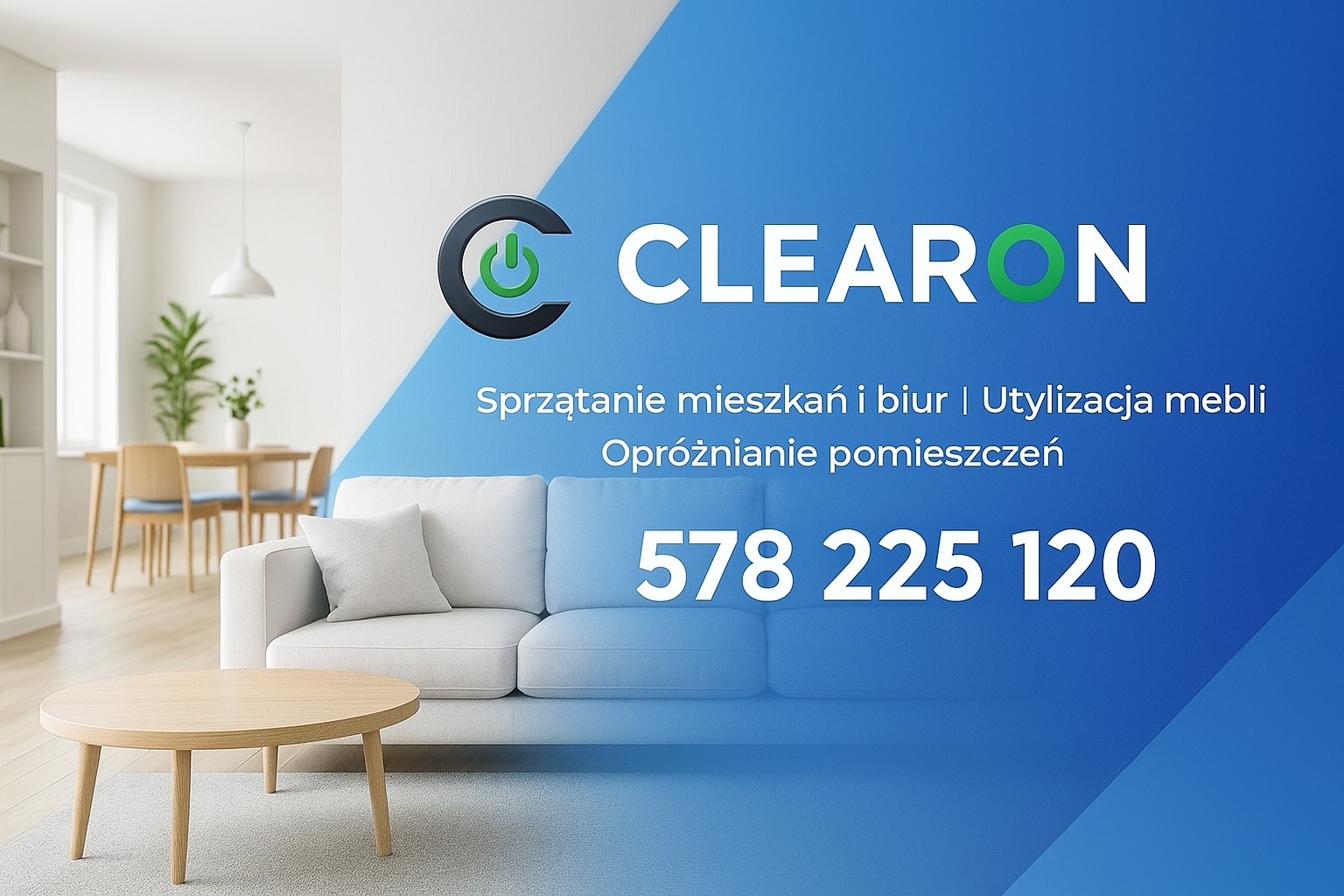 Jasne wnętrze z sofą i stolikiem kawowym, logo firmy sprzątającej na ścianie, numer telefonu. Promocja usług sprzątania mieszkań i biur, utylizacji mebli.