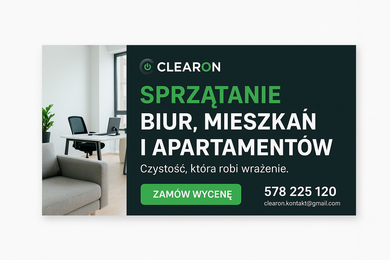 Estetyczne biuro z kanapą i rośliną, oferta sprzątania biur, mieszkań i apartamentów od Clearon, z numerem telefonu i adresem e-mail.