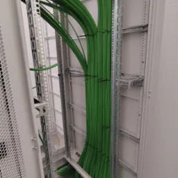 Szafa rack z uporządkowanymi wiązkami zielonych kabli, spiętych czarnymi opaskami. Widoczne metalowe elementy konstrukcyjne szafy.