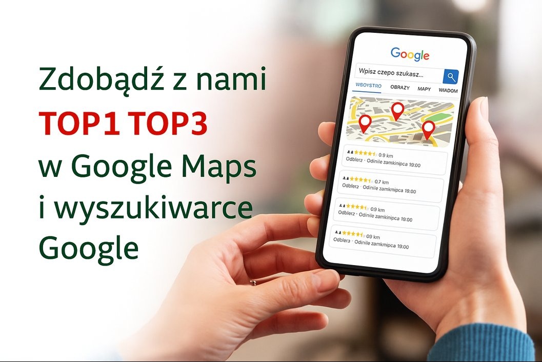 Kobieta trzyma smartfon z mapą Google i hasłem „Zdobądź z nami TOP1 TOP3 w Google Maps”. Promocja usług pozycjonowania lokalnego.