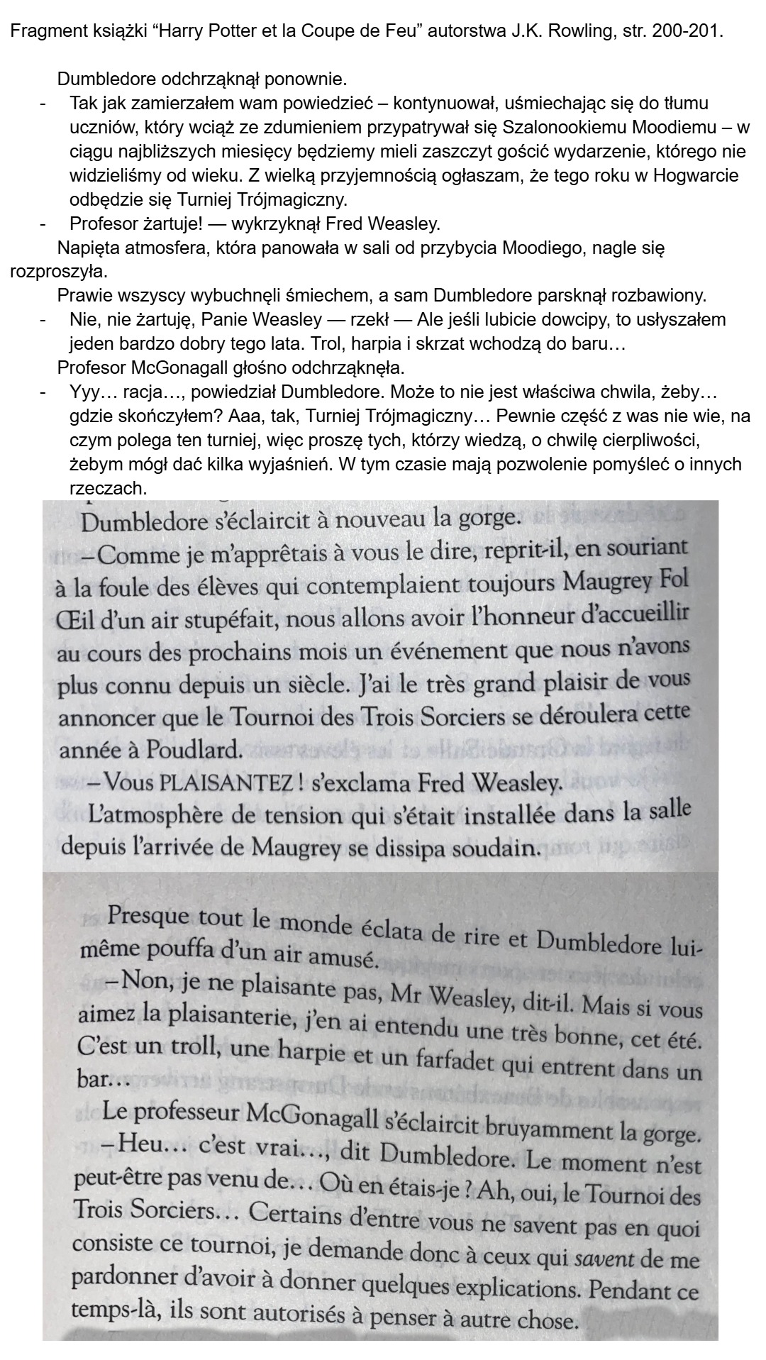 Fragment książki “Harry Potter et la Coupe de Feu” autorstwa J.K. Rowling, str. 200-201.