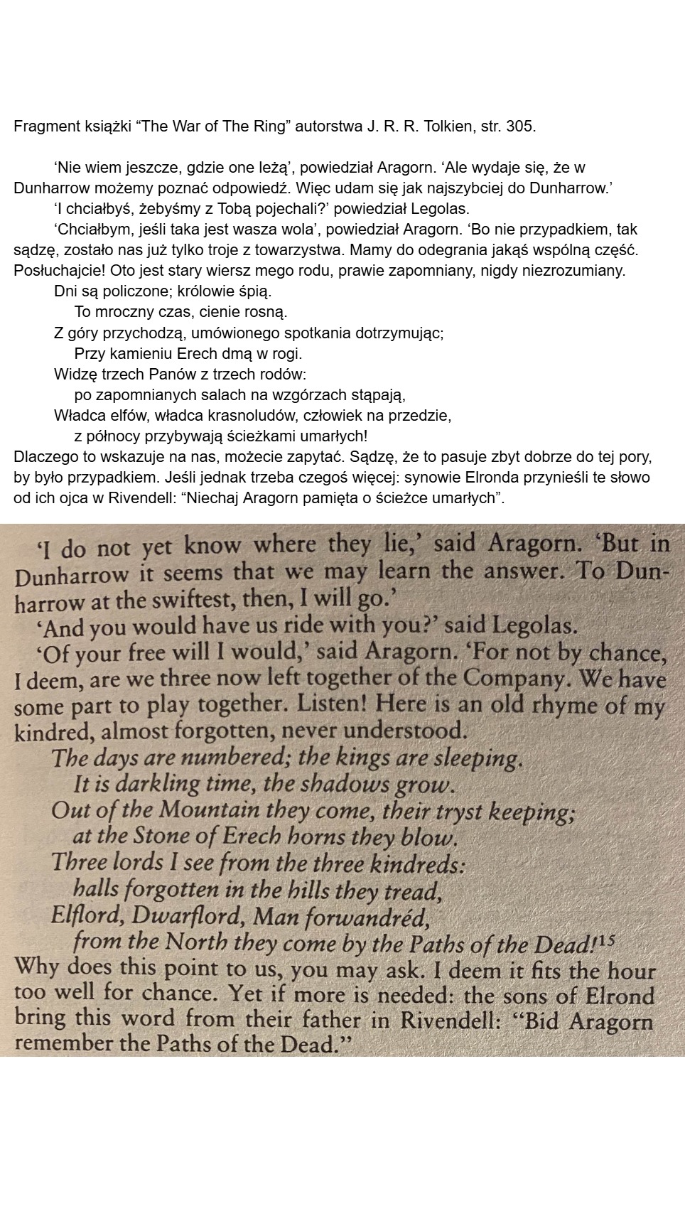 Fragment książki “The War of The Ring” autorstwa J. R. R. Tolkien, str. 305.