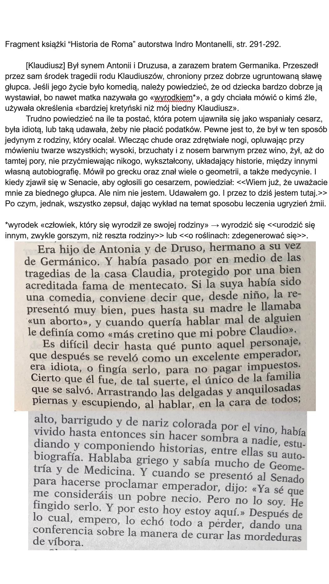 Fragment książki “Historia de Roma” autorstwa Indro Montanelli, str. 291-292.