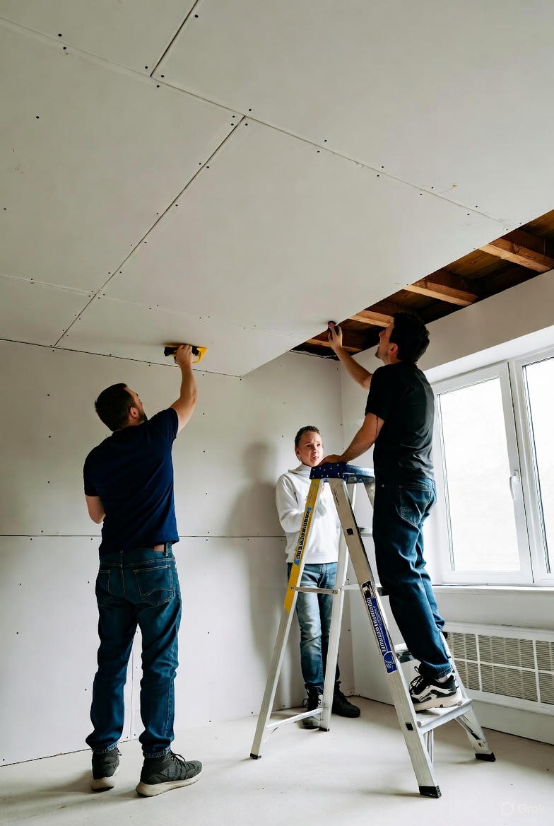 Montaż płyt karton-gips na suficie przez dwóch mężczyzn, trzeci przygląda się z drabiny. Widoczne drewniane belki i okno w tle. Praca w jasnym pomieszczeniu.