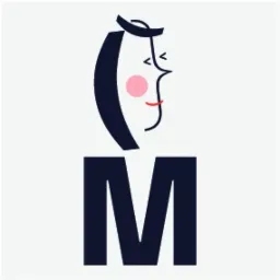 Minimalistyczne logo: profil kobiety z różowym policzkiem, nad literą 'M' w kolorze granatowym, na białym tle. Prosta, nowoczesna identyfikacja wizualna.