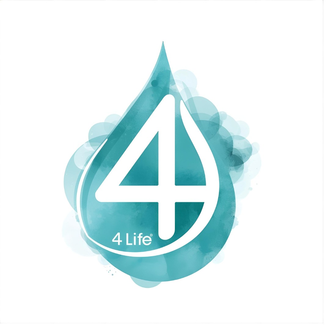 Akwarelowe logo 4 Life: biała cyfra 4 w turkusowej kropli wody, otoczonej rozmytymi okręgami. Symbolizuje świeżość i czystość, idealne dla usług hydraulicznych.
