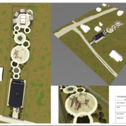 Wizualizacja 3D zagospodarowania terenu z placem zabaw, elementami małej architektury i zieleni, prezentowana w widoku z góry i perspektywy.
