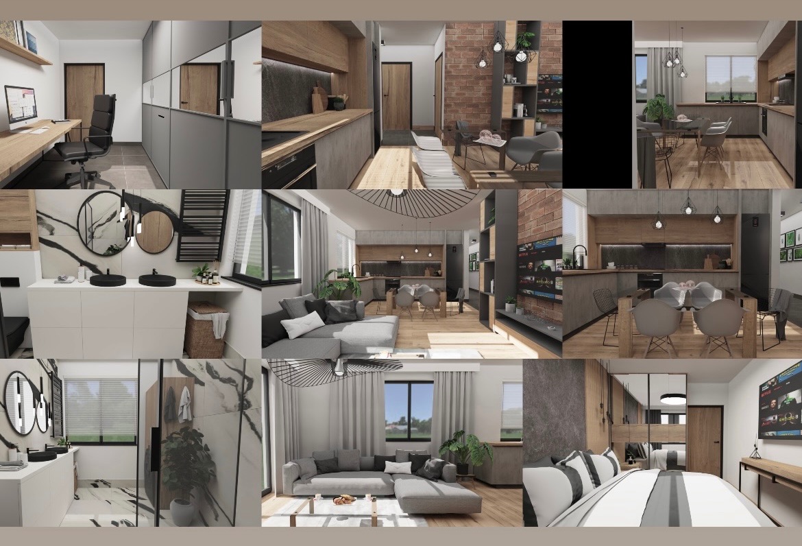 Mozaika zdjęć prezentująca różnorodne, nowoczesne wnętrza: kuchnia z jadalnią, łazienka z marmurowymi akcentami, salon z szarą sofą i sypialnia z minimalistycznym wystrojem.