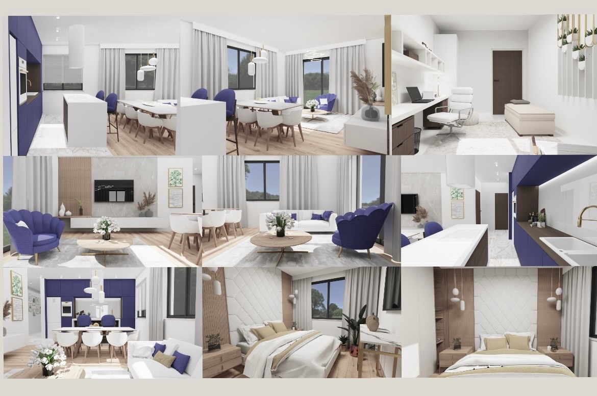 Kolaż wizualizacji 3D: salon z jadalnią w bieli i fiolecie, sypialnia z tapicerowanym panelem. Nowoczesne meble, duże okna, naturalne światło.