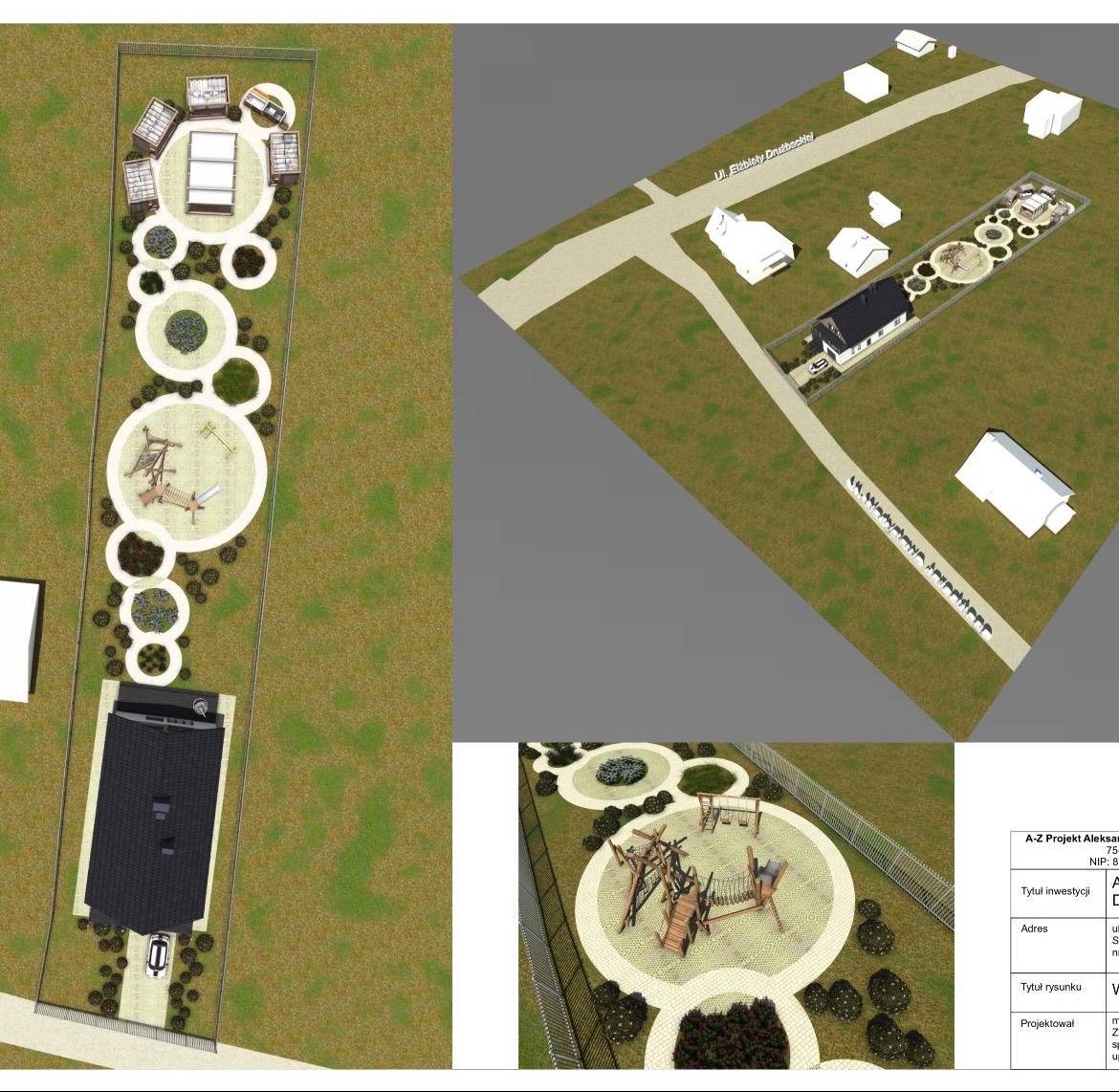 Wizualizacja 3D zagospodarowania terenu z placem zabaw, elementami małej architektury i zieleni, prezentowana w widoku z góry i perspektywy.