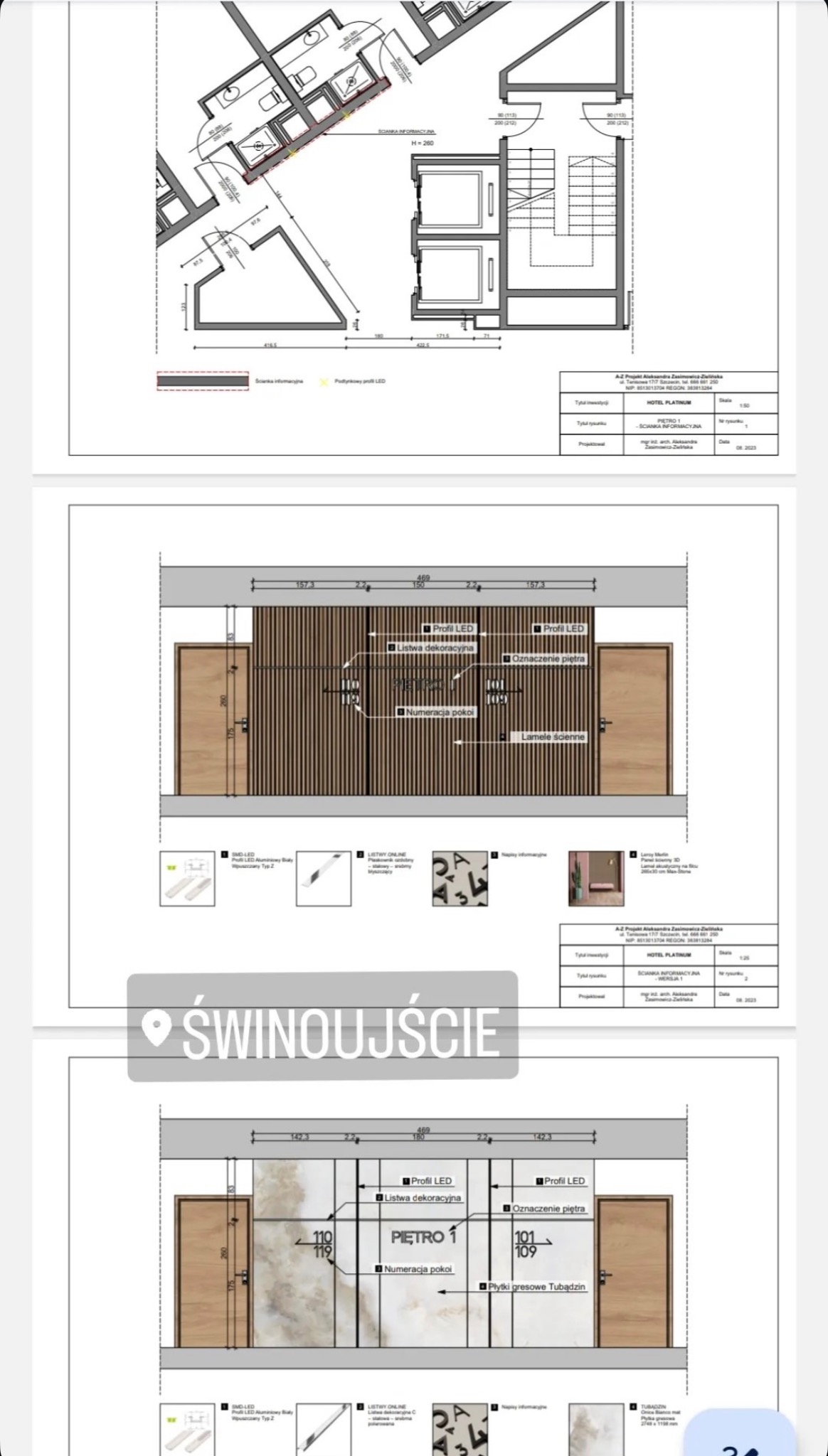 Projekt ściany informacyjnej dla hotelu: plan, przekrój z listwami dekoracyjnymi i numeracją pokoi. Widoczne detale wykończenia, oświetlenie LED i oznaczenia pięter.