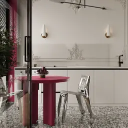 Nowoczesna aranżacja kuchni z okrągłym, różowym stołem, srebrnym krzesłem i dekoracyjnymi sztukateriami na ścianie. Widok przez przeszklone drzwi.