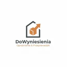 Logo firmy DoWyniesienia z ikoną domu i strzałką, oferującej opróżnianie i przeprowadzki, w kolorach szarym i pomarańczowym, na białym tle.