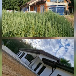 DEBKOBUD - Dom w Ostrówku przed i po ociepleniu elewacji. Na górze budynek w trakcie prac, na dole otynkowany, pomalowany na biało z brązowym dachem i rynnami.