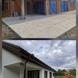 DEBKOBUD - Porównanie stanu surowego i wykończonej elewacji domu jednorodzinnego z brązowym dachem i betonową wylewką. Górne ujęcie pokazuje budynek w trakcie budowy, dolne - po tynkowaniu.