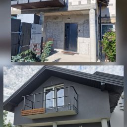 DEBKOBUD - Dom przed i po renowacji elewacji: surowy stan z balkonem w budowie kontra szara elewacja z wykończonym balkonem i nowymi oknami, ukazujące metamorfozę budynku.