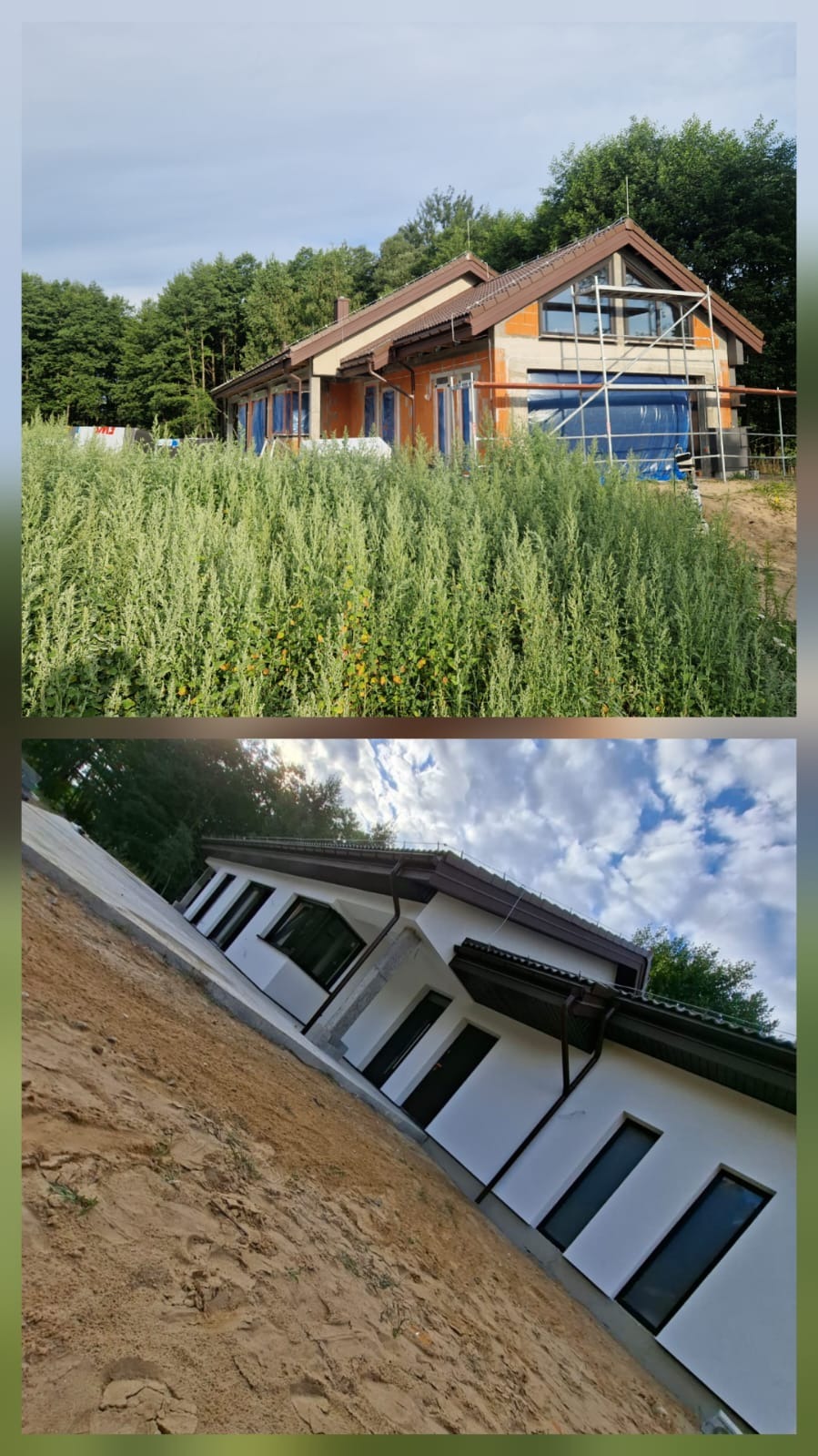 Dom w Ostrówku przed i po ociepleniu elewacji. Na górze budynek w trakcie prac, na dole otynkowany, pomalowany na biało z brązowym dachem i rynnami.