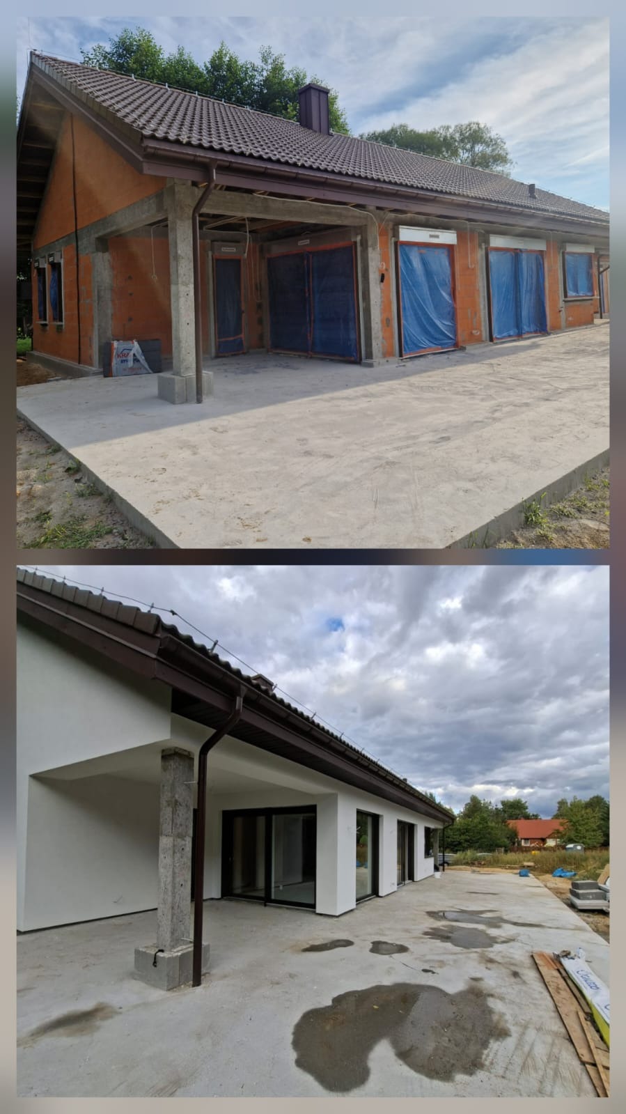 Porównanie stanu surowego i wykończonej elewacji domu jednorodzinnego z brązowym dachem i betonową wylewką. Górne ujęcie pokazuje budynek w trakcie budowy, dolne - po tynkowaniu.