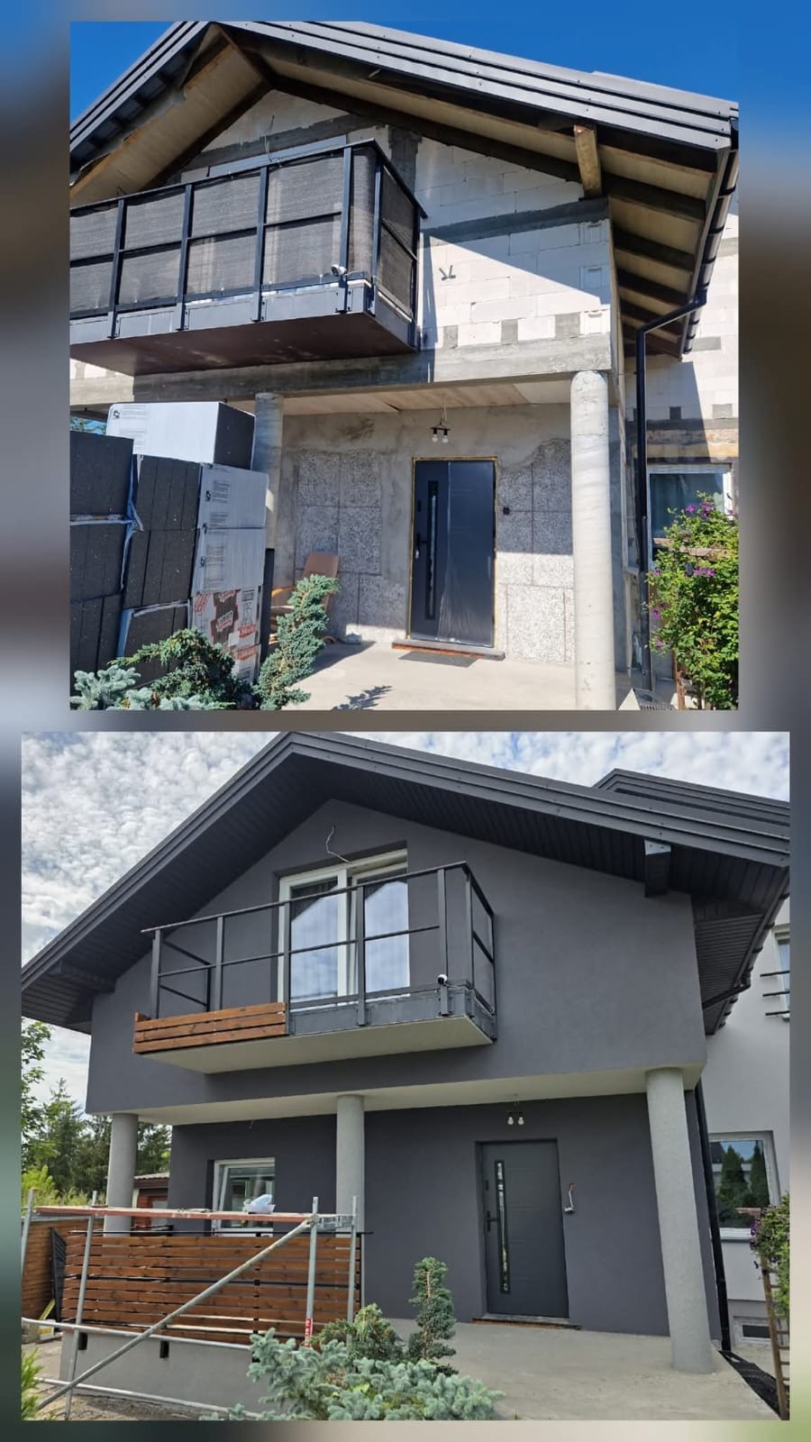 Dom przed i po renowacji elewacji: surowy stan z balkonem w budowie kontra szara elewacja z wykończonym balkonem i nowymi oknami, ukazujące metamorfozę budynku.