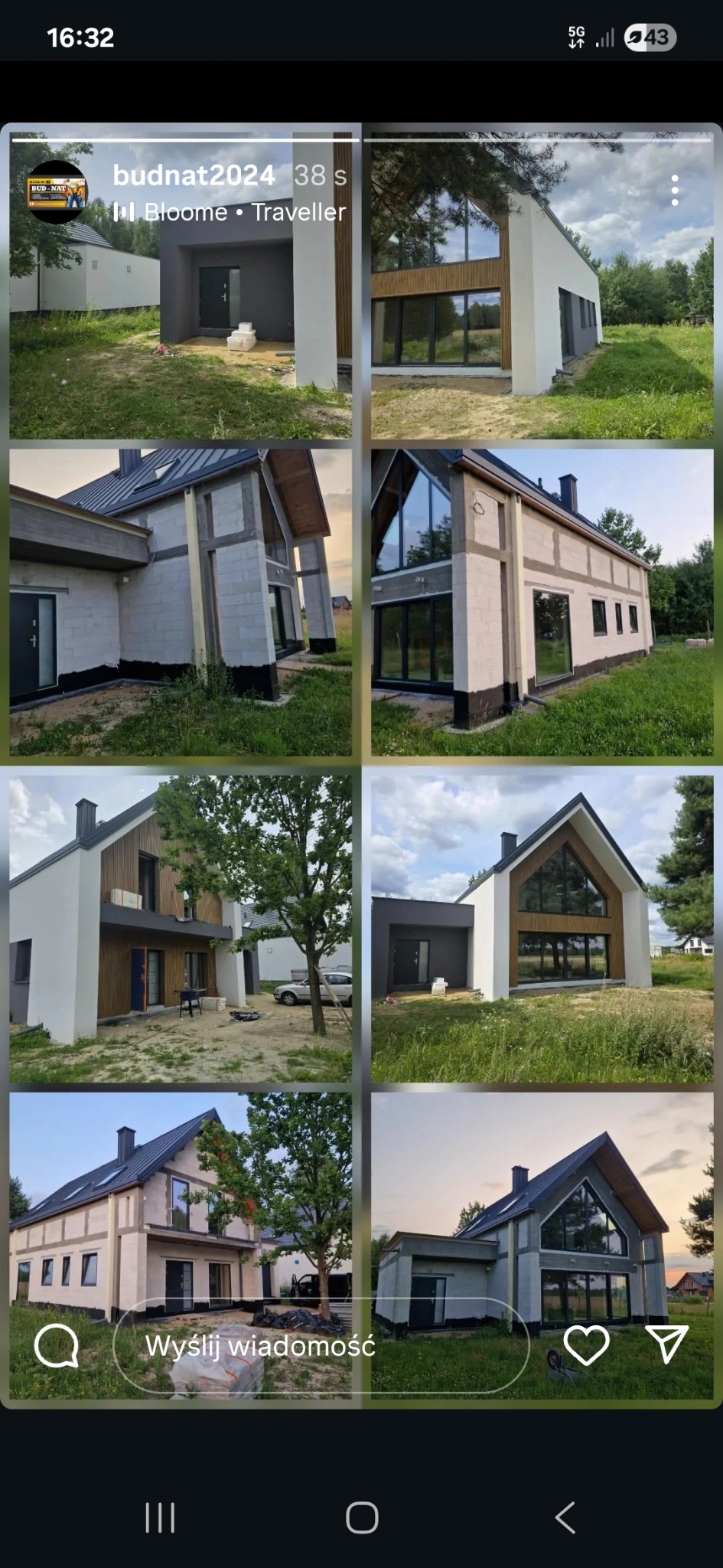 Kolaż zdjęć nowoczesnego domu z elementami drewna na elewacji, ukazujący różne etapy budowy i wykończenia, prezentowany w formie relacji z Instagrama.