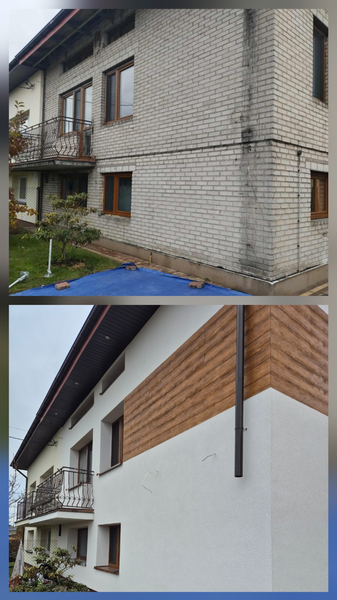 Dom przed i po renowacji elewacji: od szarej cegły z zabrudzeniami do białego tynku z drewnopodobną okładziną. Widoczny balkon z kutą balustradą.
