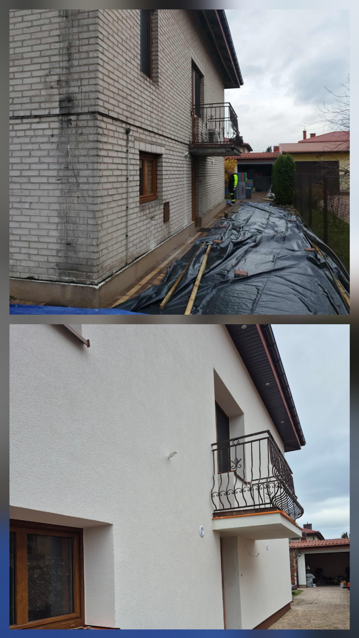 Zdjęcie elewacji domu przed i po renowacji. Górna część ukazuje brudną, ceglaną ścianę, a dolna odnowioną, białą elewację z balkonem i oknem w brązowej ramie.