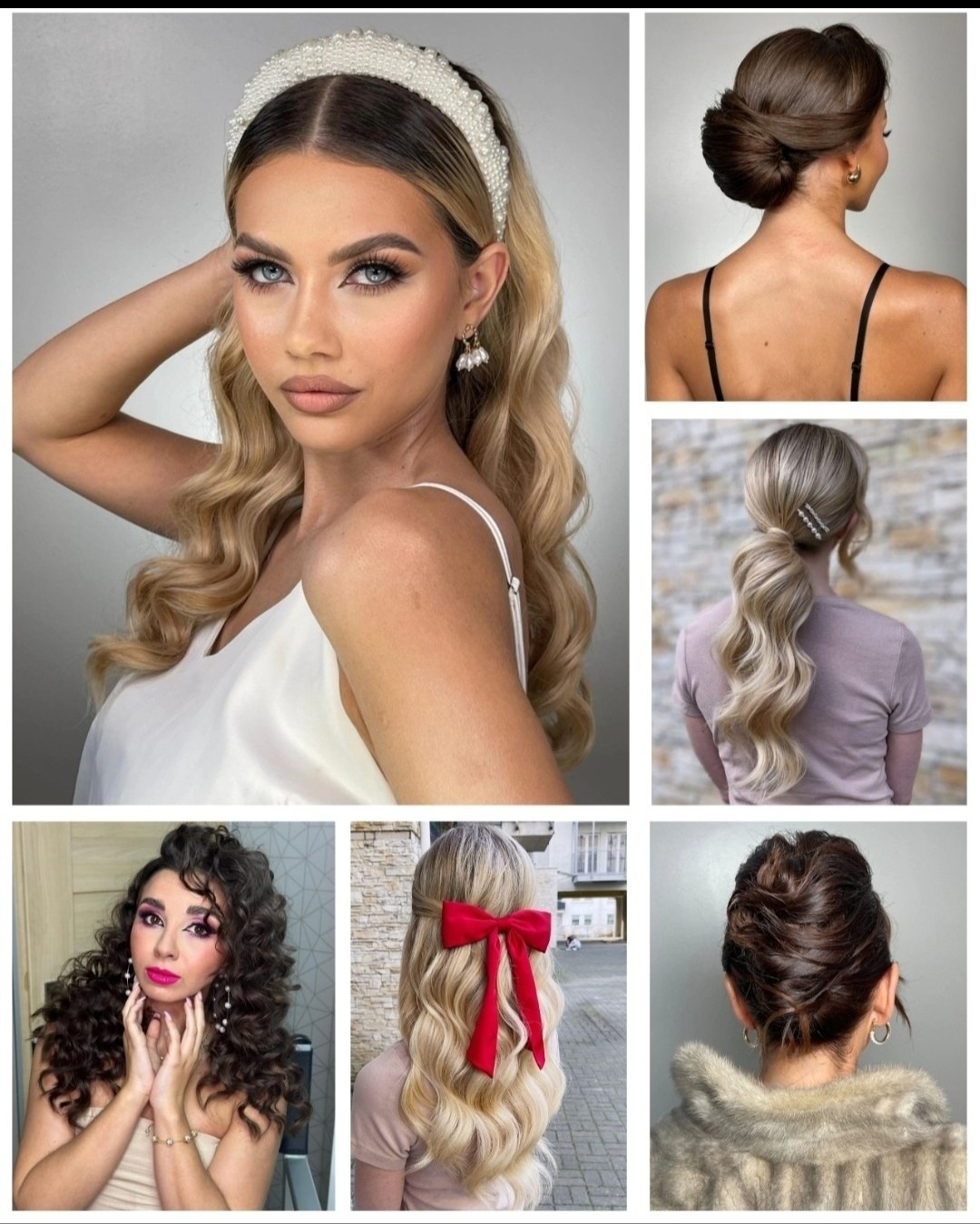 Kolaż prezentujący różne upięcia włosów: fale z perłową opaską, niski kok, kucyk z ozdobą, loki i półupięcie z czerwoną kokardą. Różnorodność stylizacji.