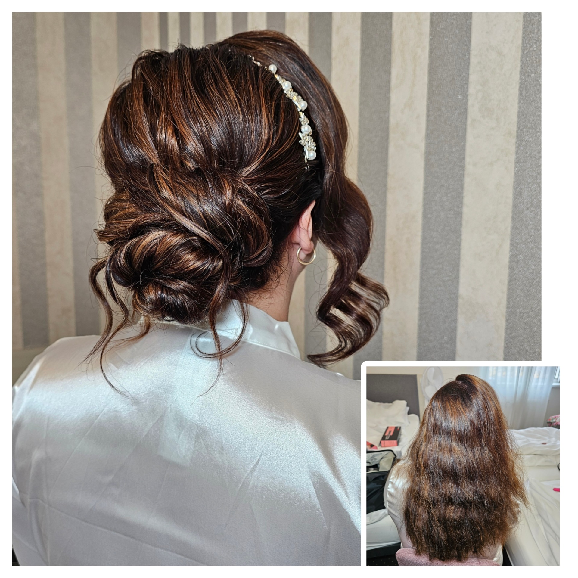 Upięcie ślubne z ozdobną spinką, widok z tyłu. Na drugim planie zdjęcie włosów przed stylizacją. Włosy brązowe z refleksami, upięte w kok z wypuszczonymi lokami.