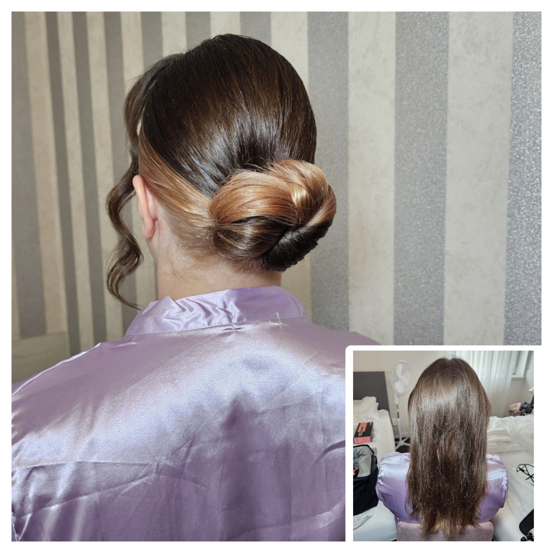 Elegancka fryzura upięta w kok z boku głowy, widok z tyłu, na zdjęciu w tle ściana w pionowe pasy. Dodatkowo w prawym dolnym rogu zdjęcie włosów przed upięciem.