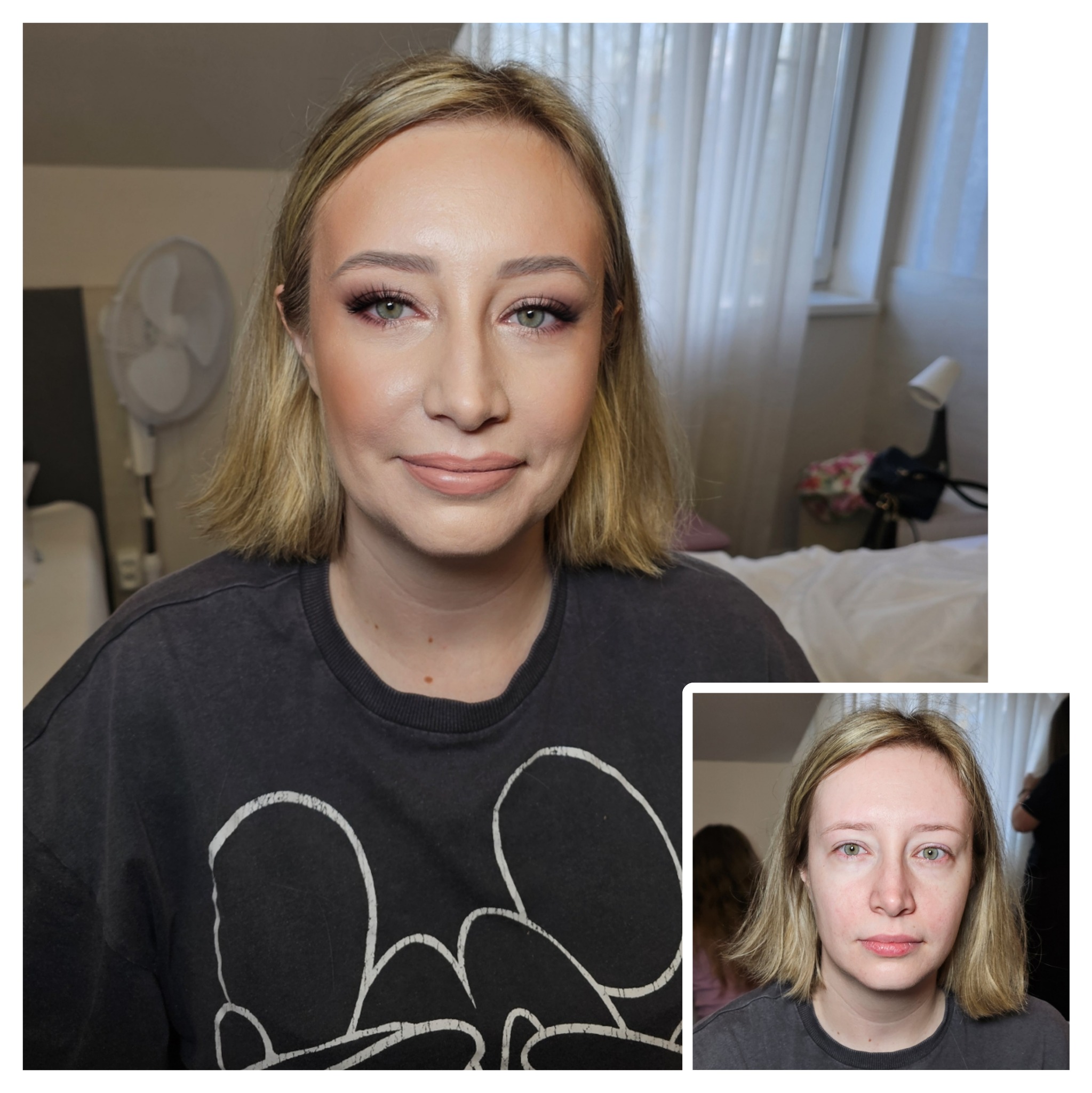 Portret kobiety z delikatnym makijażem, widoczne zdjęcie przed i po zabiegu. Subtelne podkreślenie oczu i ust, naturalny wygląd. W tle wnętrze pokoju.