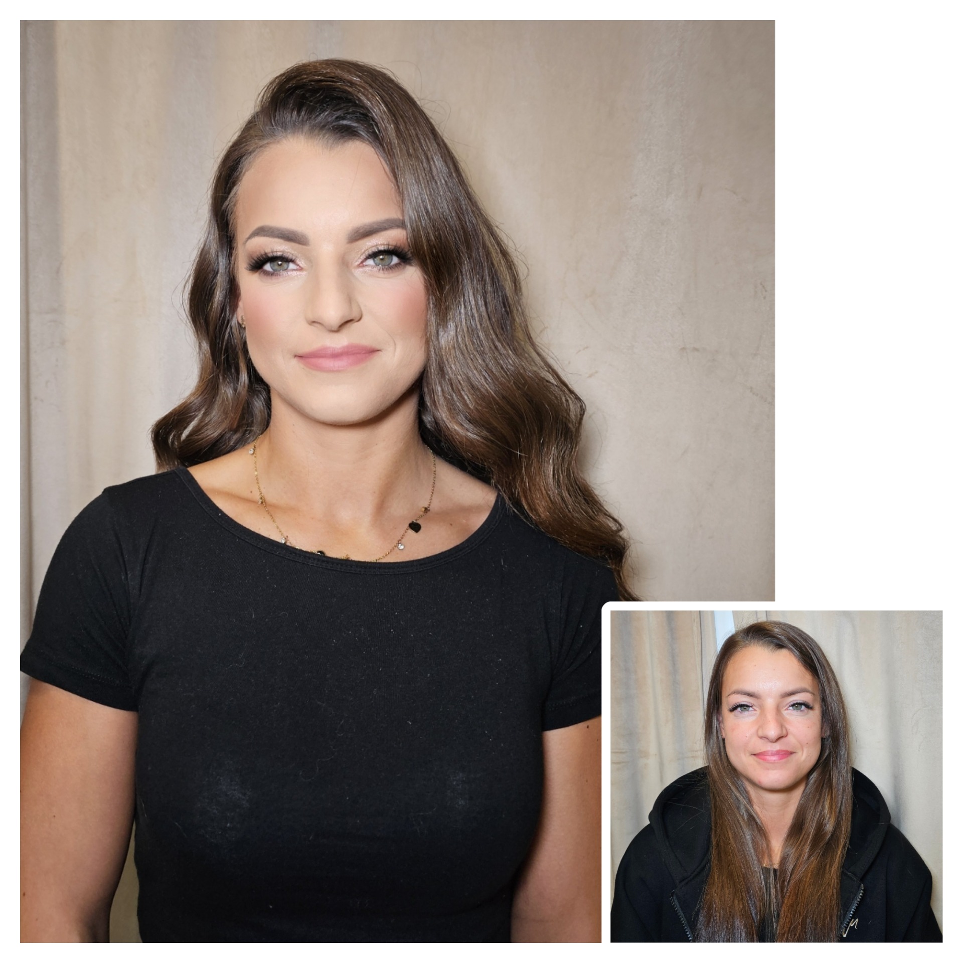 Portret kobiety z profesjonalnym makijażem i ułożonymi włosami, zestawiony ze zdjęciem 'przed' w prawym dolnym rogu. Delikatny makijaż podkreśla rysy twarzy.