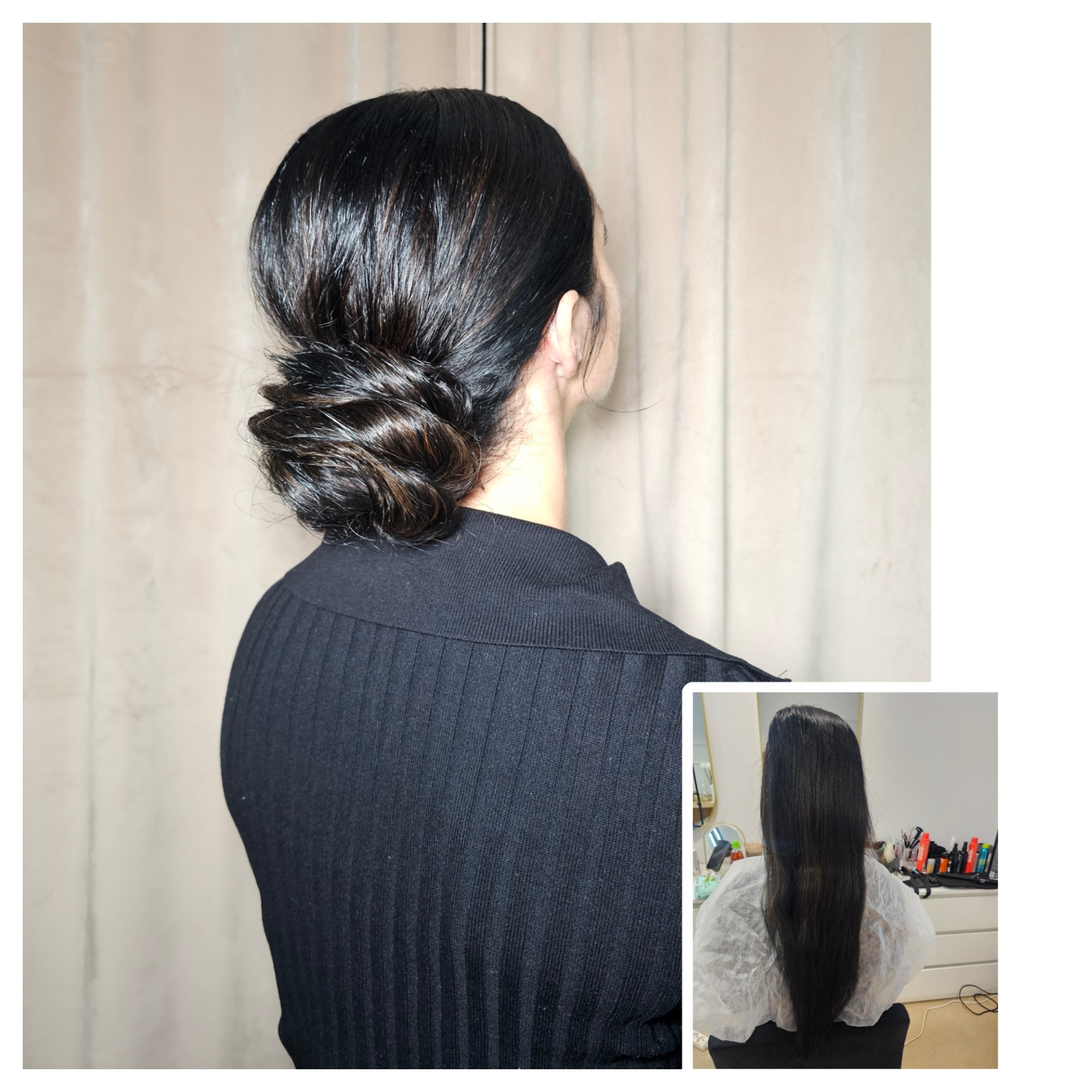 Eleganckie upięcie włosów w kok, widok z tyłu, ciemne włosy z refleksami. W tle beżowa zasłona. W prawym dolnym rogu wstawka ze zdjęciem włosów przed upięciem.