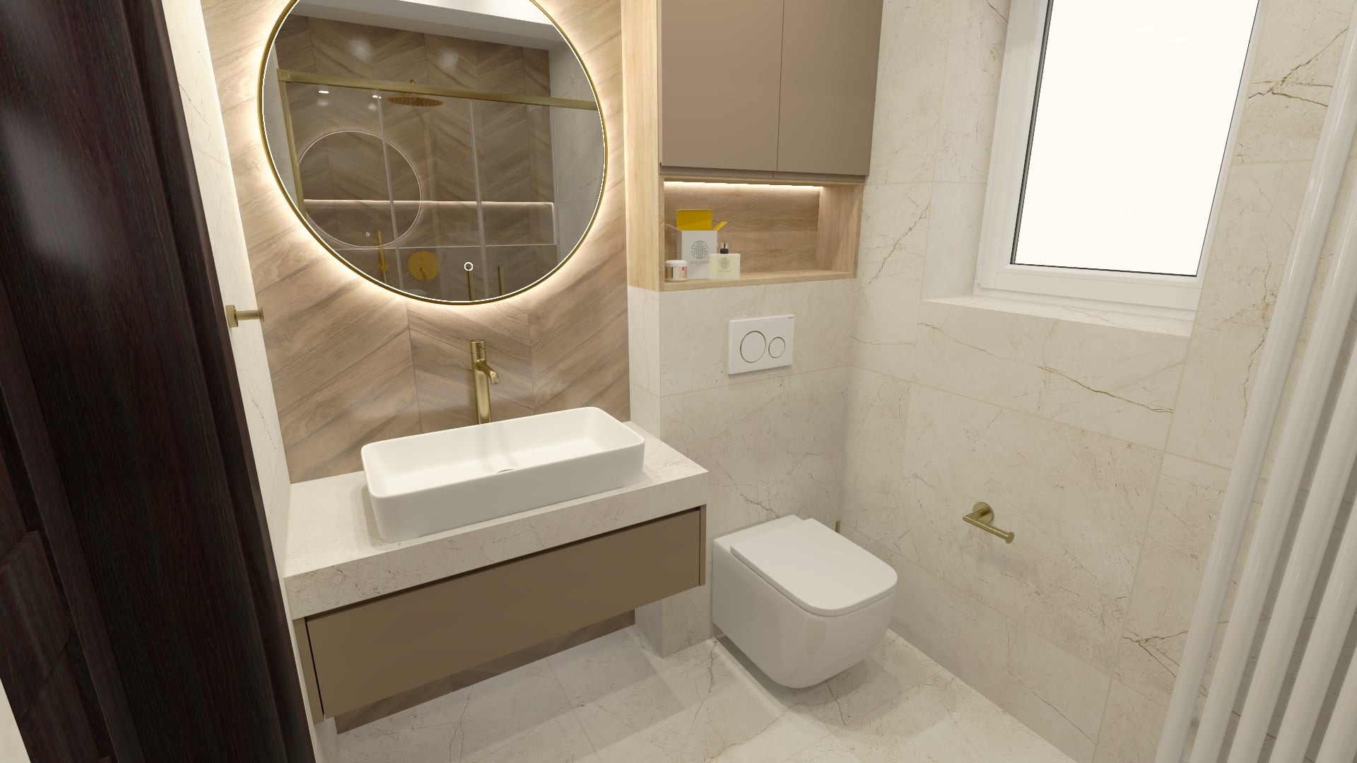 Elegancka łazienka z okrągłym lustrem podświetlanym LED, białą umywalką nablatową, wiszącą toaletą i płytkami imitującymi marmur. Złote akcenty armatury i oświetlenia.