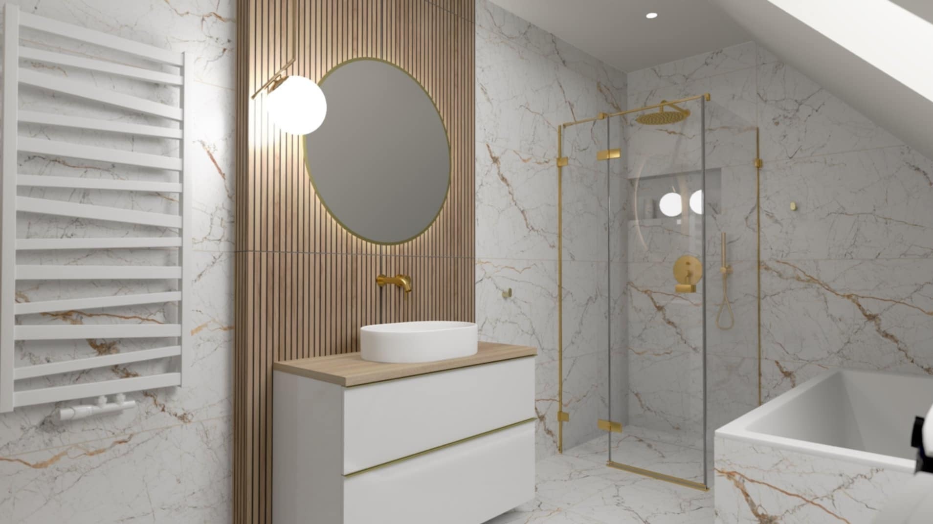 Elegancka łazienka z marmurowymi płytkami, kabiną prysznicową ze złotymi detalami, okrągłym lustrem i grzejnikiem drabinkowym. Nowoczesny design z drewnianymi akcentami.