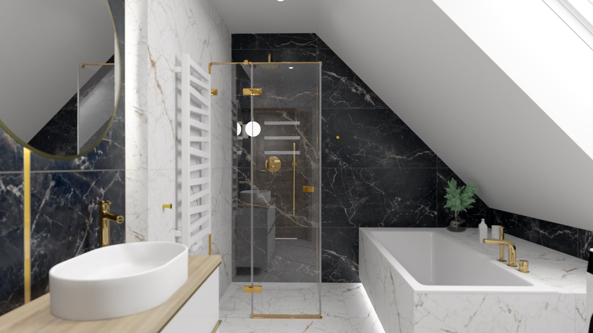Nowoczesna łazienka na poddaszu z marmurowymi płytkami, kabiną prysznicową ze złotymi detalami i owalną umywalką.