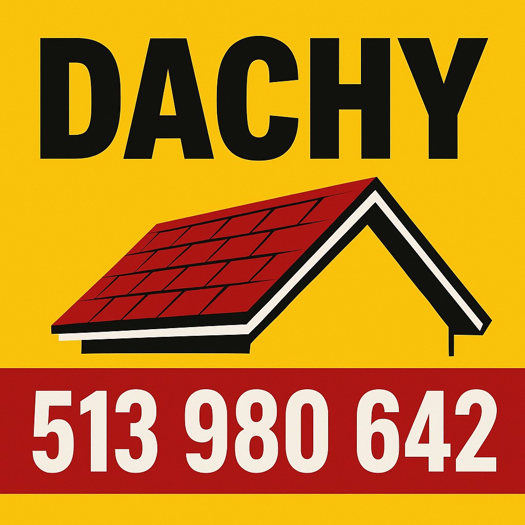 Żółte tło z czarnym napisem 'DACHY', grafika dachu z czerwoną dachówką i numerem telefonu 513 980 642 w białej czcionce na czerwonym pasku.