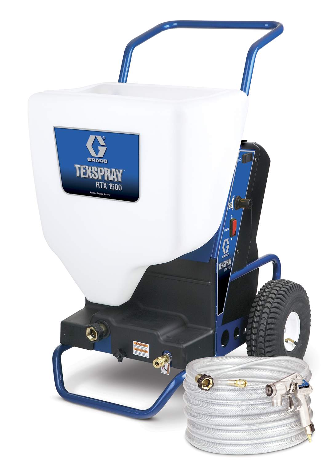 Agregat malarski hydrodynamiczny Graco TexSpray RTX 1500 z białym zbiornikiem, niebieską ramą i zwiniętym wężem z pistoletem natryskowym.