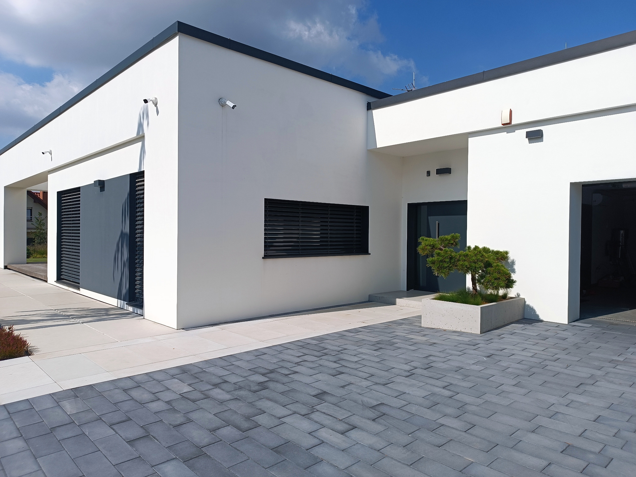 Nowoczesny dom z szarym brukowanym podjazdem i minimalistyczną roślinnością w betonowej donicy. Widoczne kamery monitoringu na białej elewacji.