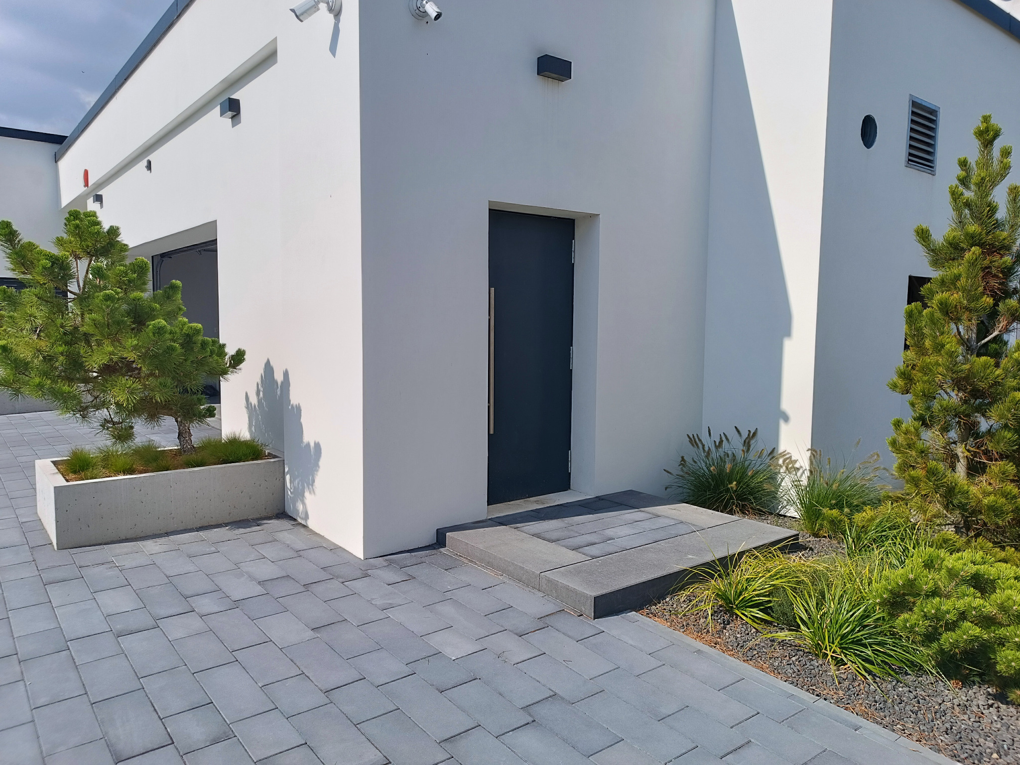 Nowoczesna posesja we Wrocławiu: szara kostka brukowa prowadzi do wejścia, minimalistyczna architektura domu, ozdobne rośliny w betonowych donicach.