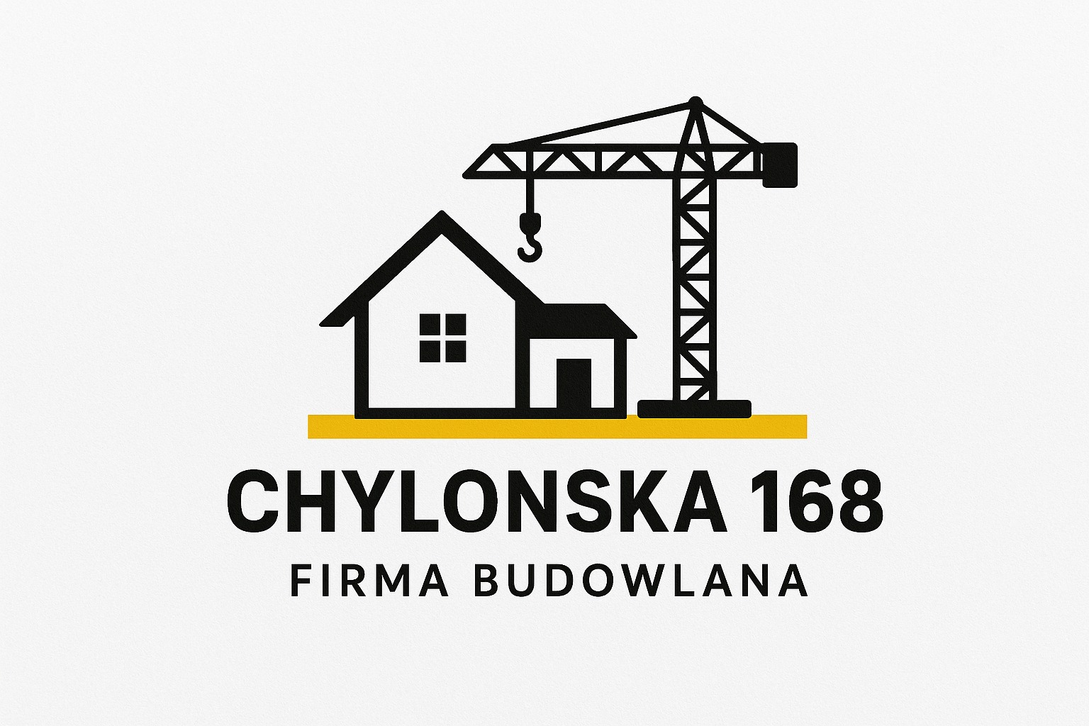 Grafika firmy budowlanej: czarny kontur domu z dźwigiem na żółtej podstawie, napis 'Chylonska 168 FIRMA BUDOWLANA' na białym tle.