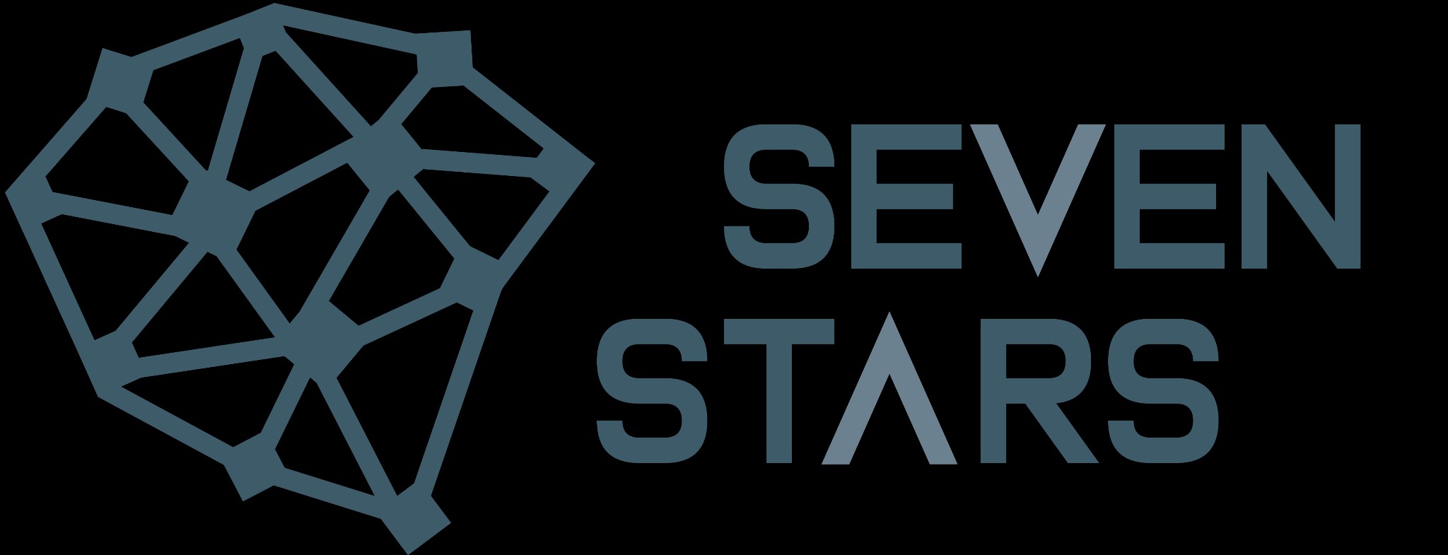 Logo 'Seven Stars' z geometrycznym symbolem przypominającym sieć neuronową po lewej stronie, utrzymane w stonowanej, szaro-niebieskiej kolorystyce na czarnym tle.