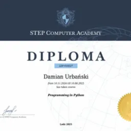 Dyplom ukończenia kursu programowania w Pythonie w STEP Computer Academy. Imię i nazwisko: Damian Urbański, okres trwania kursu: 10.11.2024 - 10.08.2025.